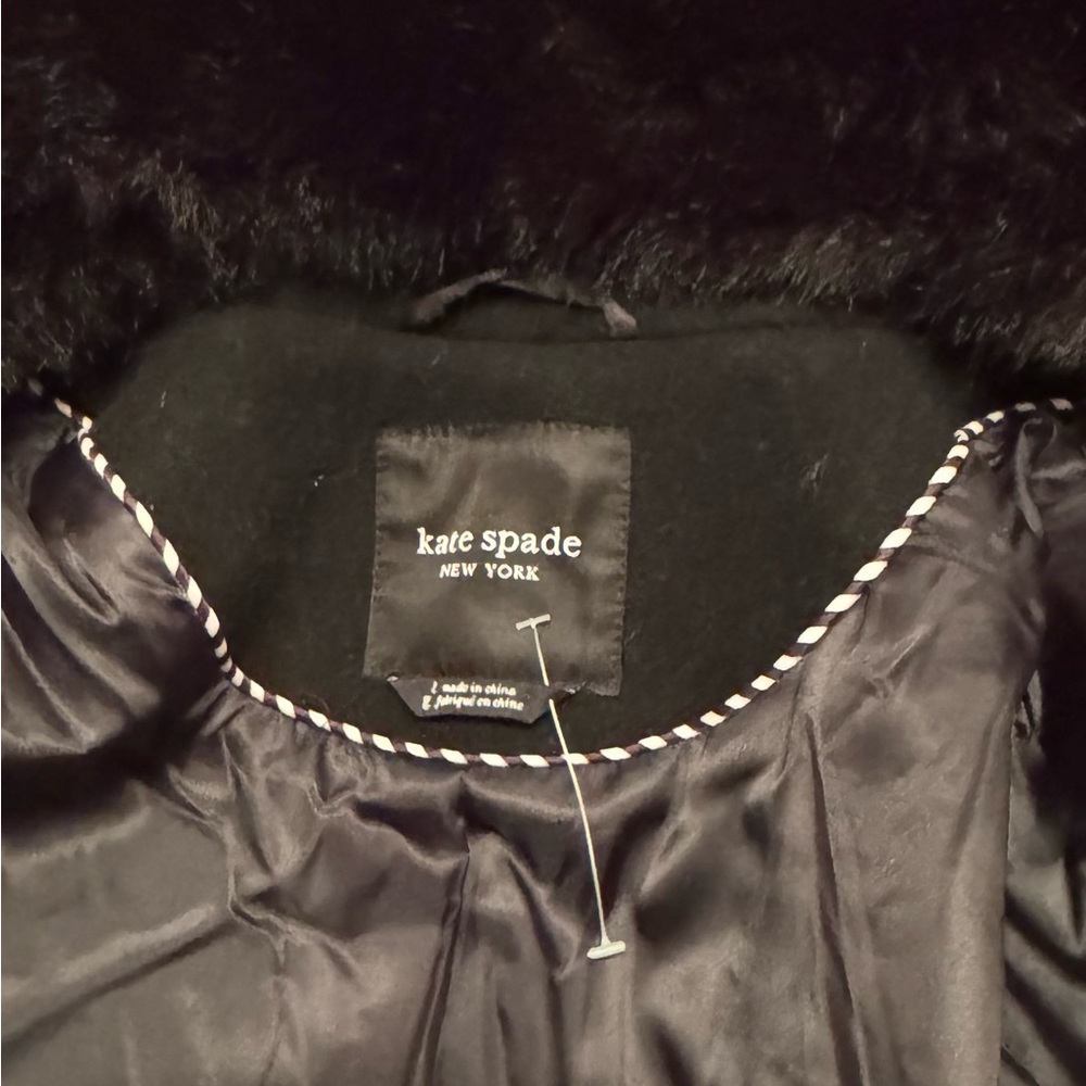 Kate Spade Black wool Fur Collar Coat size large ike new - Picture 10 of 12